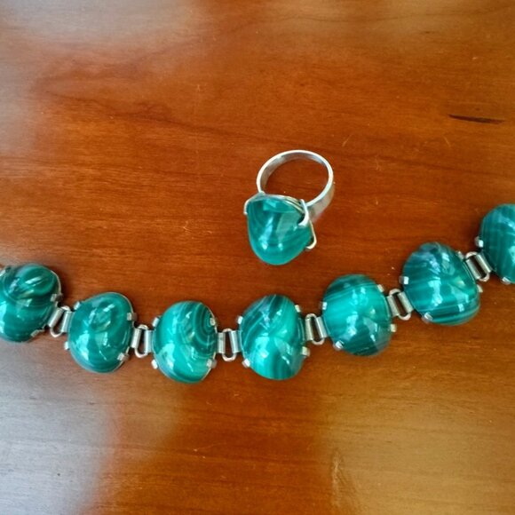 Vintage marked sterling large genuine malachite stone bracelet/ring set - Picture 1 of 7